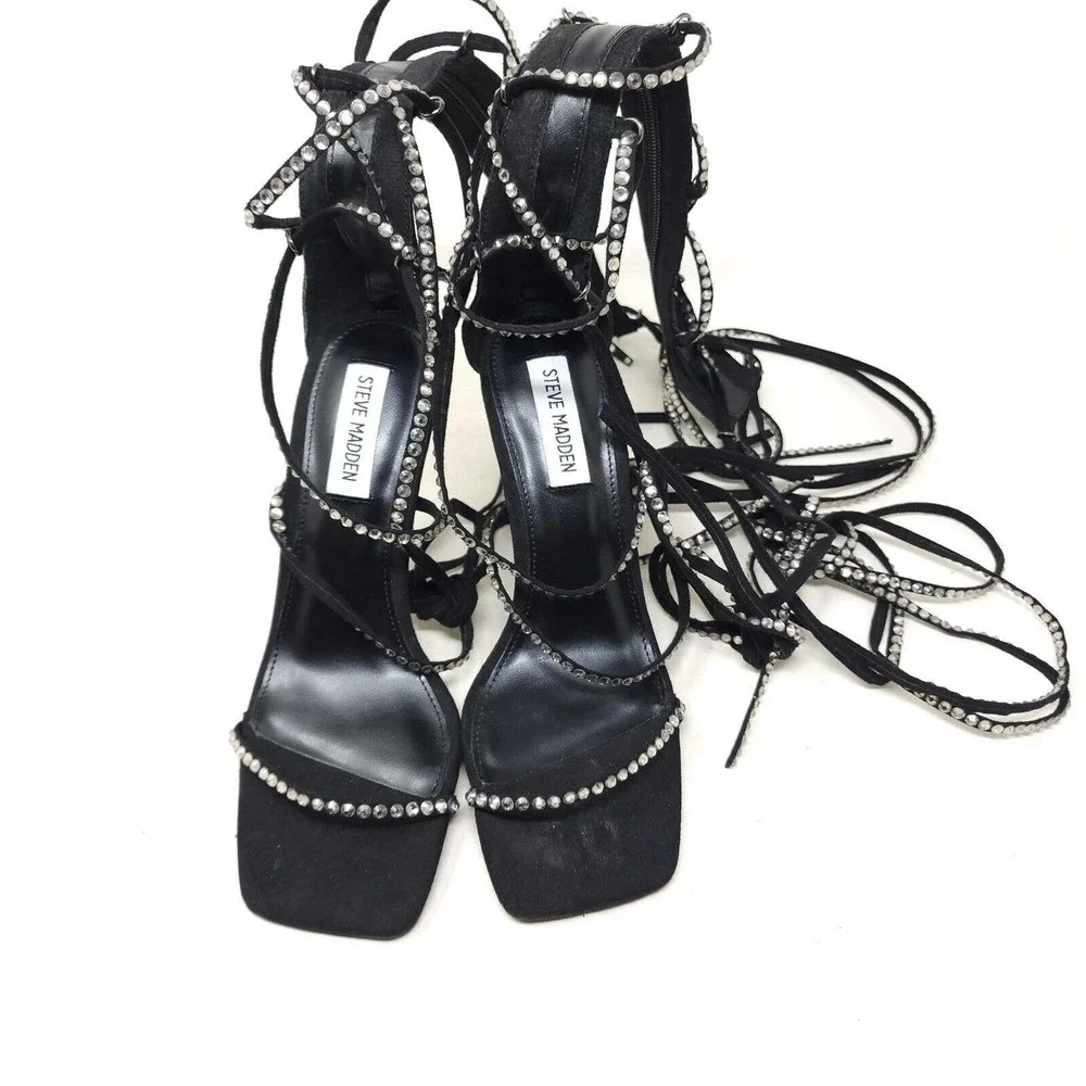 Steve Madden Sandal Heels Justyne Black Glass Rhinestone Tie Up Gladiator 7 - Picture 7 of 10